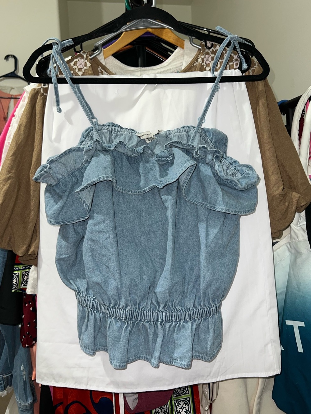American Eagle Outfitters Denim Chambray Ruffled Tie-Strap Crop Top